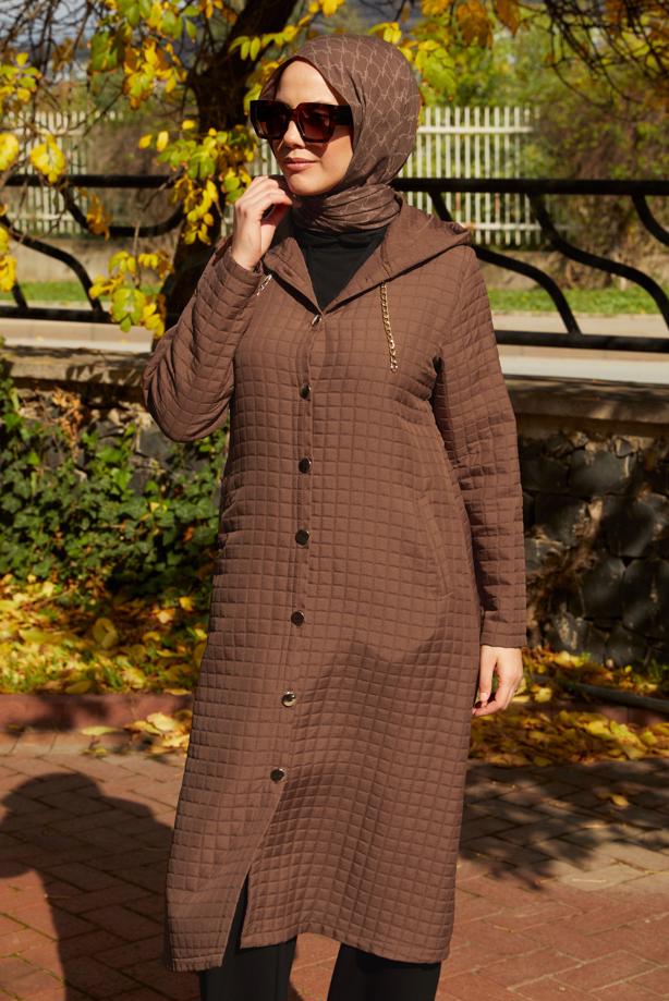 Tesettür giyim KAHVE KAPÜŞONLU KAP T 0009 - TRENDTESETTÜR