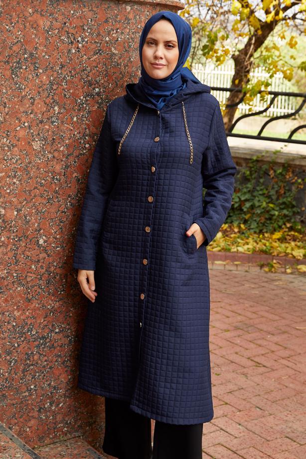 Tesettür giyim LACİVERT KAPÜŞONLU KAP T 0009 - TRENDTESETTÜR