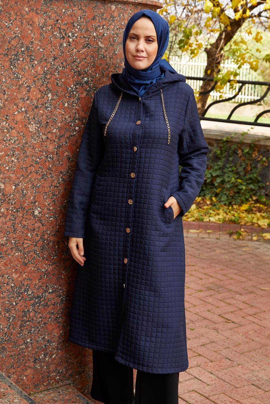 Tesettür giyim LACİVERT KAPÜŞONLU KAP T 0009