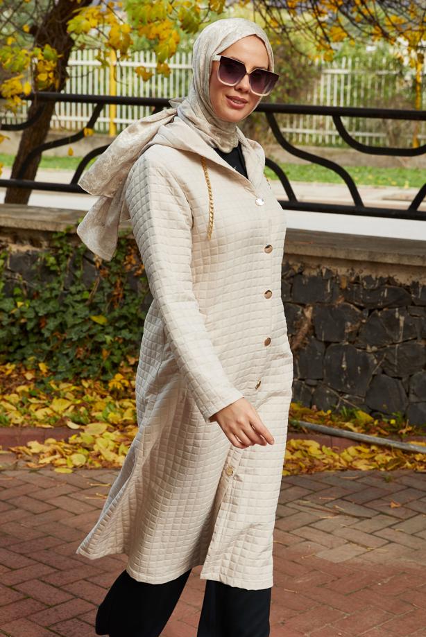 Tesettür giyim BEJ KAPÜŞONLU KAP T 0009 - TRENDTESETTÜR