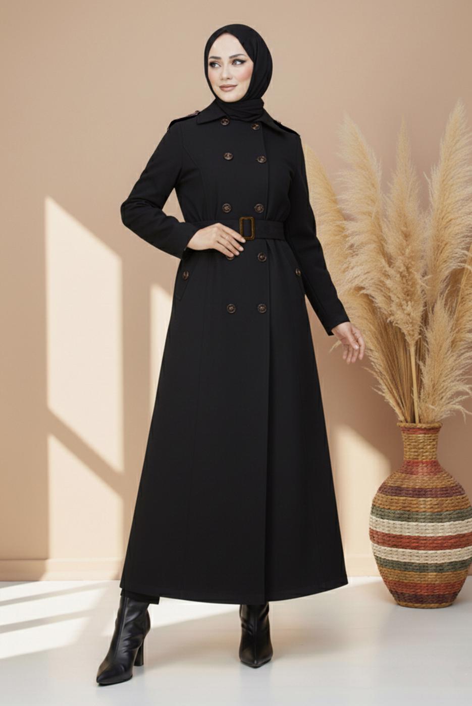 Tesettür giyim SİYAH KUŞAKLI UZUN TRENÇKOT T 1094