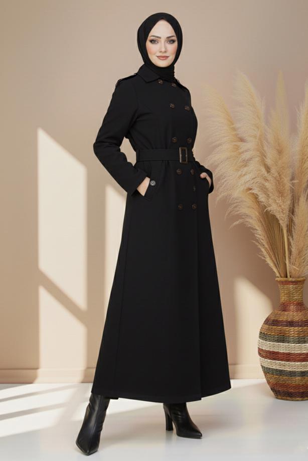 Tesettür giyim SİYAH KUŞAKLI UZUN TRENÇKOT T 1094 - TRENDTESETTÜR