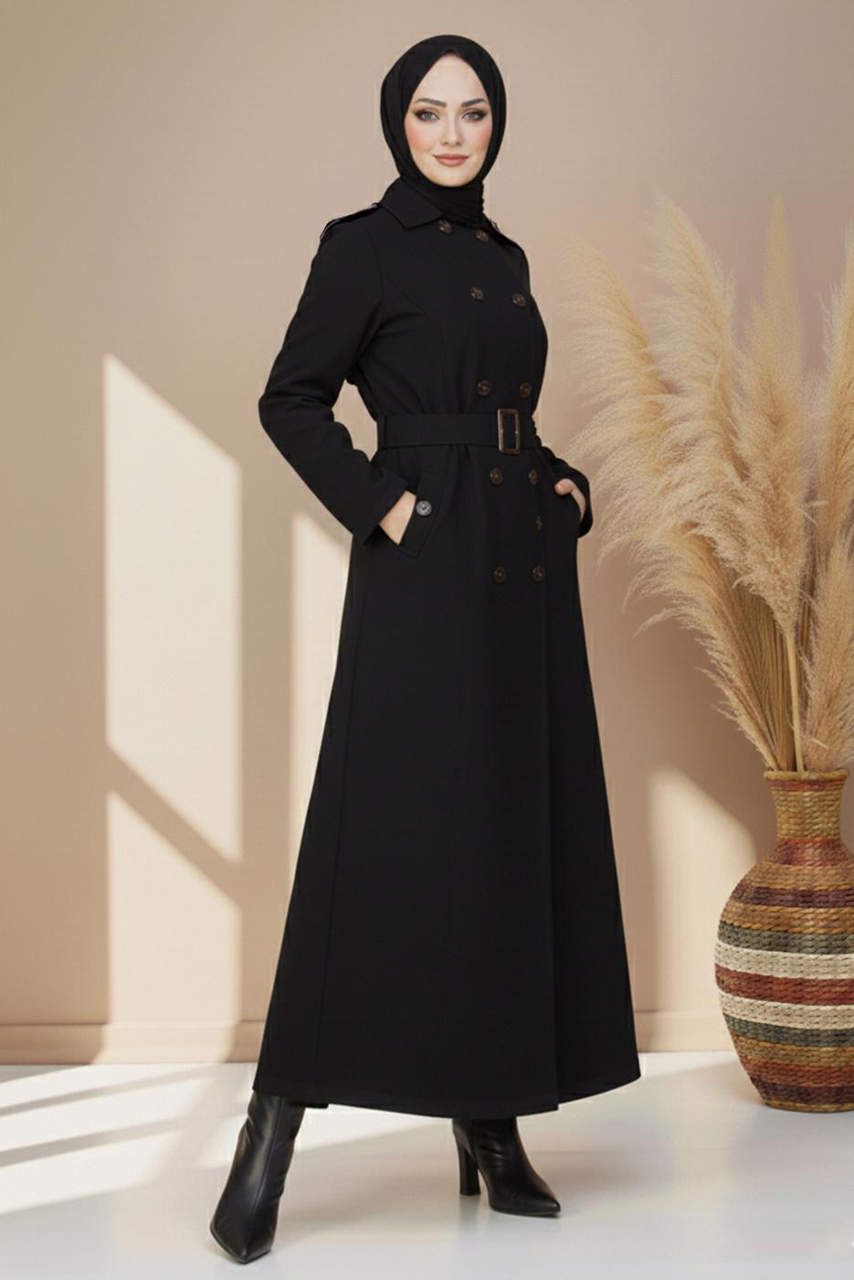 Tesettür giyim SİYAH KUŞAKLI UZUN TRENÇKOT T 1094