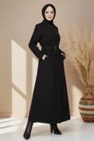 Tesettür giyim SİYAH KUŞAKLI UZUN TRENÇKOT T 1094