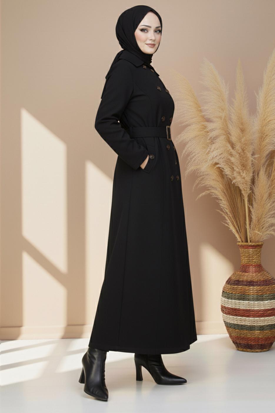 Tesettür giyim SİYAH KUŞAKLI UZUN TRENÇKOT T 1094