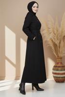 Tesettür giyim SİYAH KUŞAKLI UZUN TRENÇKOT T 1094