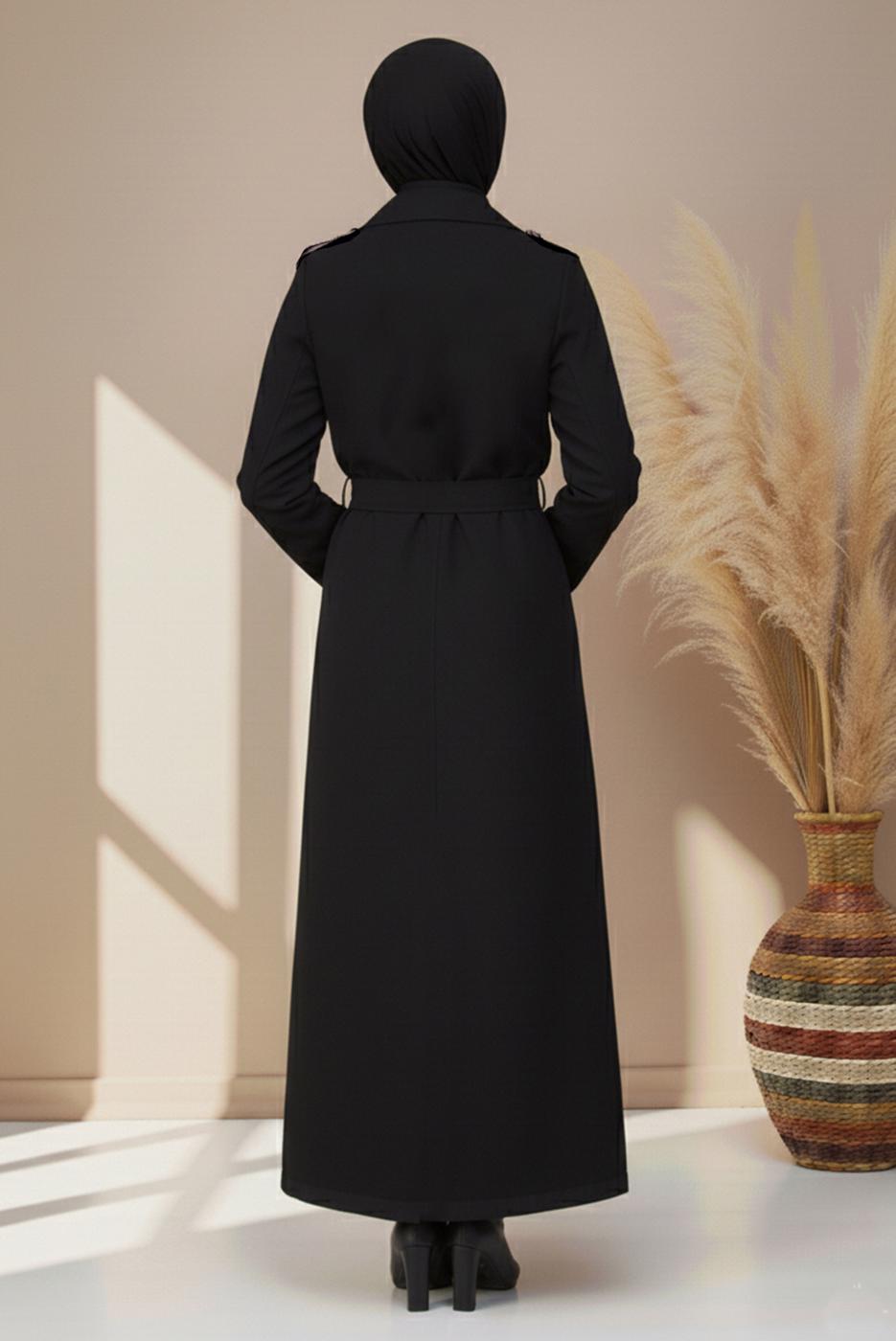 Tesettür giyim SİYAH KUŞAKLI UZUN TRENÇKOT T 1094
