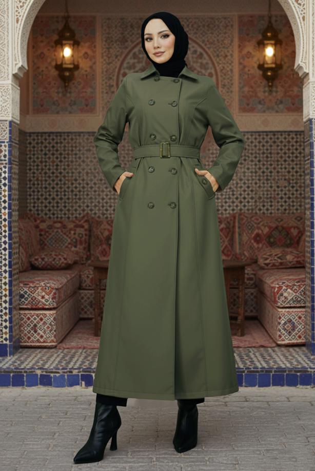 Tesettür giyim  KUŞAKLI UZUN TRENÇKOT T 1094