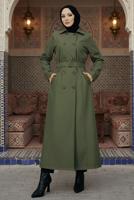 Tesettür giyim HAKİ KUŞAKLI UZUN TRENÇKOT T 1094