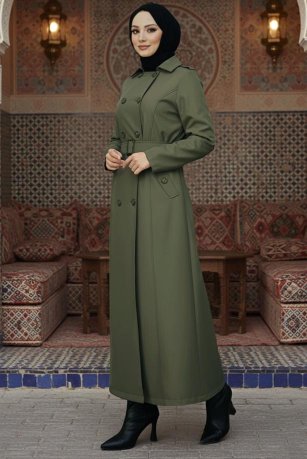 Tesettür giyim HAKİ KUŞAKLI UZUN TRENÇKOT T 1094 - TRENDTESETTÜR