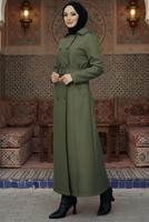 Tesettür giyim HAKİ KUŞAKLI UZUN TRENÇKOT T 1094