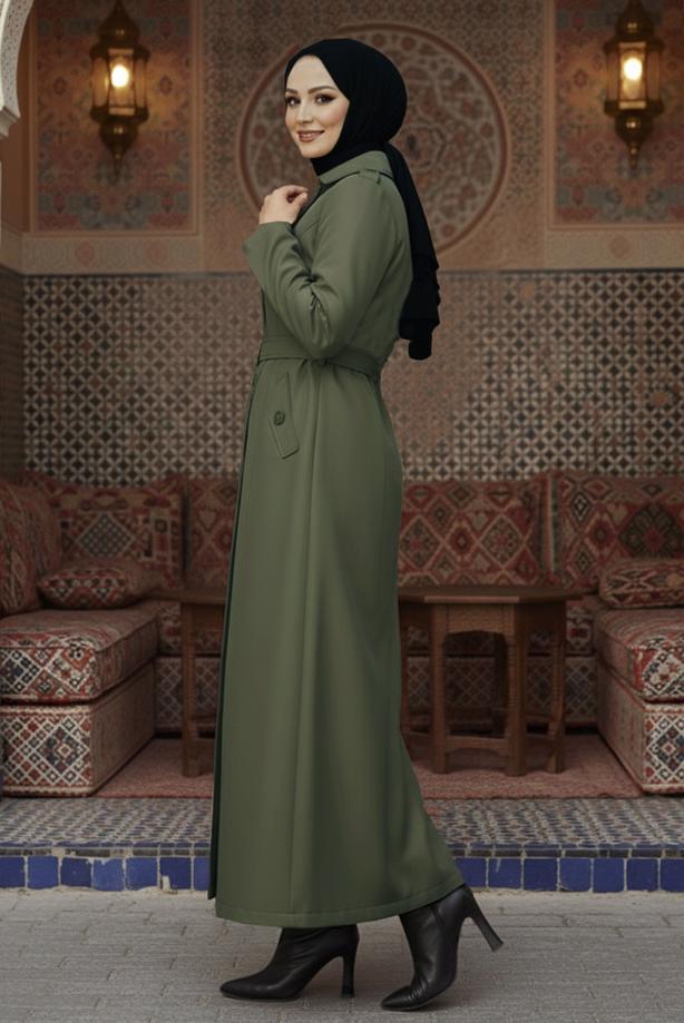 Tesettür giyim HAKİ KUŞAKLI UZUN TRENÇKOT T 1094 - TRENDTESETTÜR