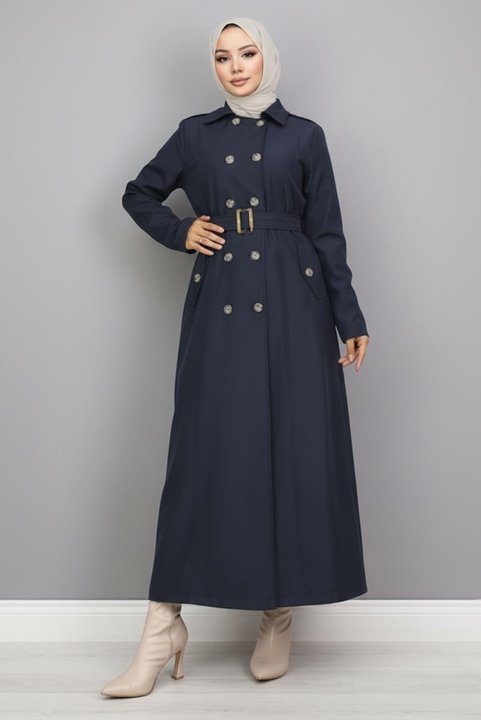 Tesettür giyim LACİVERT KUŞAKLI UZUN TRENÇKOT T 1094