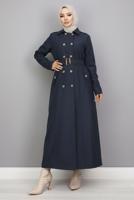 Tesettür giyim LACİVERT KUŞAKLI UZUN TRENÇKOT T 1094