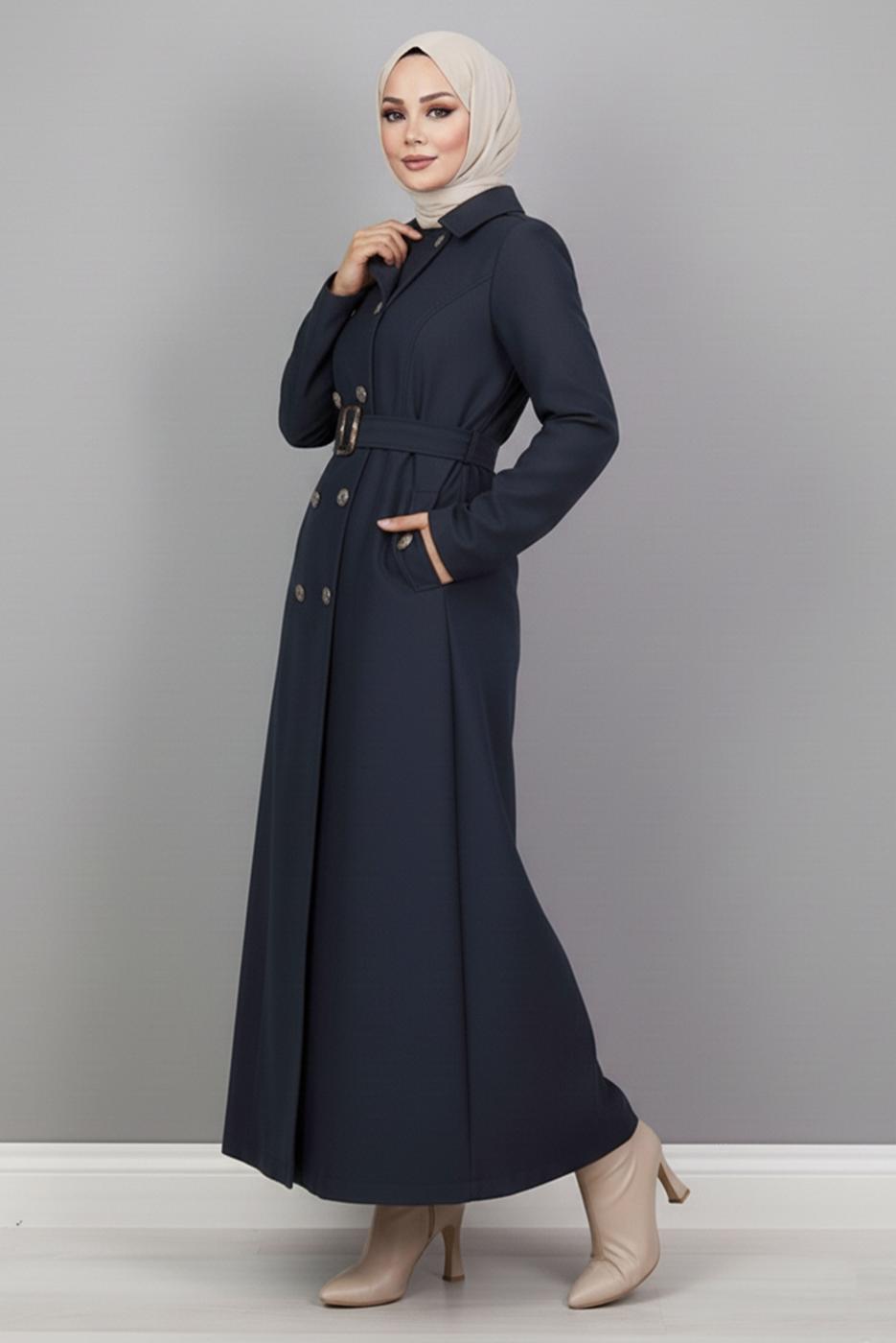 Tesettür giyim LACİVERT KUŞAKLI UZUN TRENÇKOT T 1094