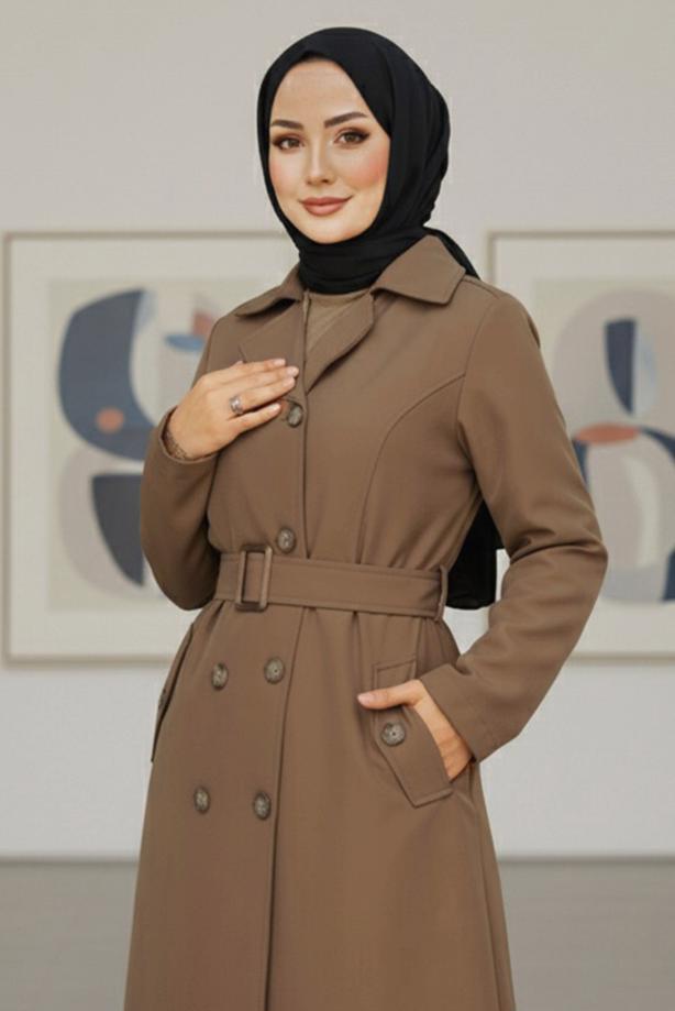 Tesettür giyim TABA KUŞAKLI UZUN TRENÇKOT T 1094 - TRENDTESETTÜR
