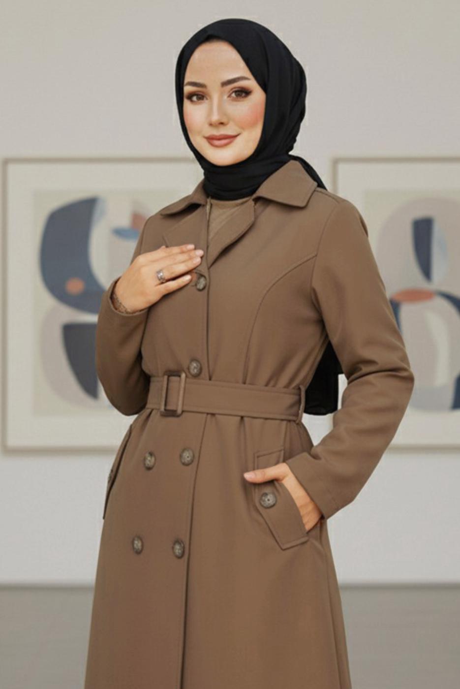 Tesettür giyim TABA KUŞAKLI UZUN TRENÇKOT T 1094