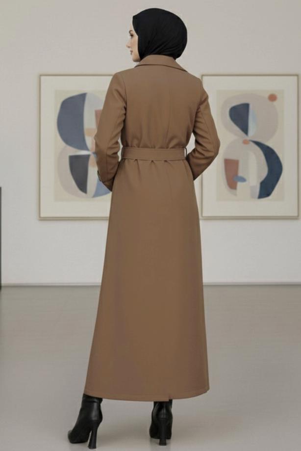 Tesettür giyim TABA KUŞAKLI UZUN TRENÇKOT T 1094 - TRENDTESETTÜR