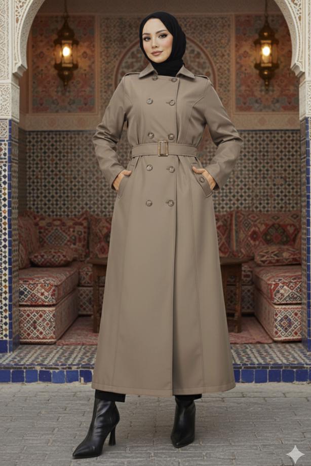 Tesettür giyim  KUŞAKLI UZUN TRENÇKOT T 1094