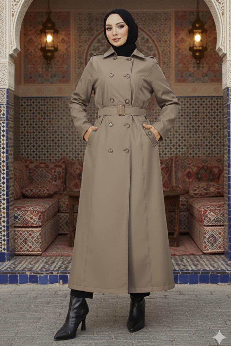 Tesettür giyim VİZON KUŞAKLI UZUN TRENÇKOT T 1094