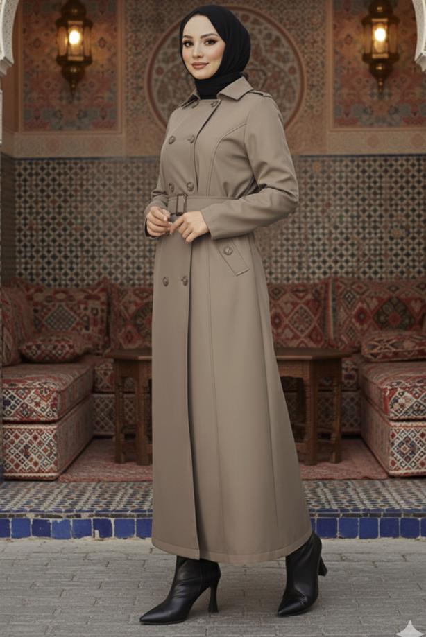 Tesettür giyim VİZON KUŞAKLI UZUN TRENÇKOT T 1094 - TRENDTESETTÜR