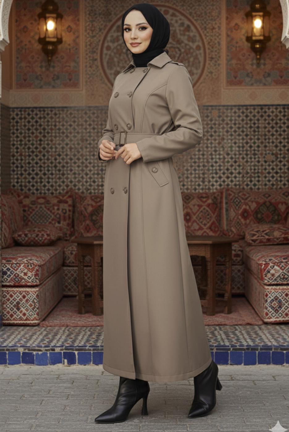 Tesettür giyim VİZON KUŞAKLI UZUN TRENÇKOT T 1094