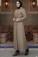 Tesettür giyim VİZON KUŞAKLI UZUN TRENÇKOT T 1094