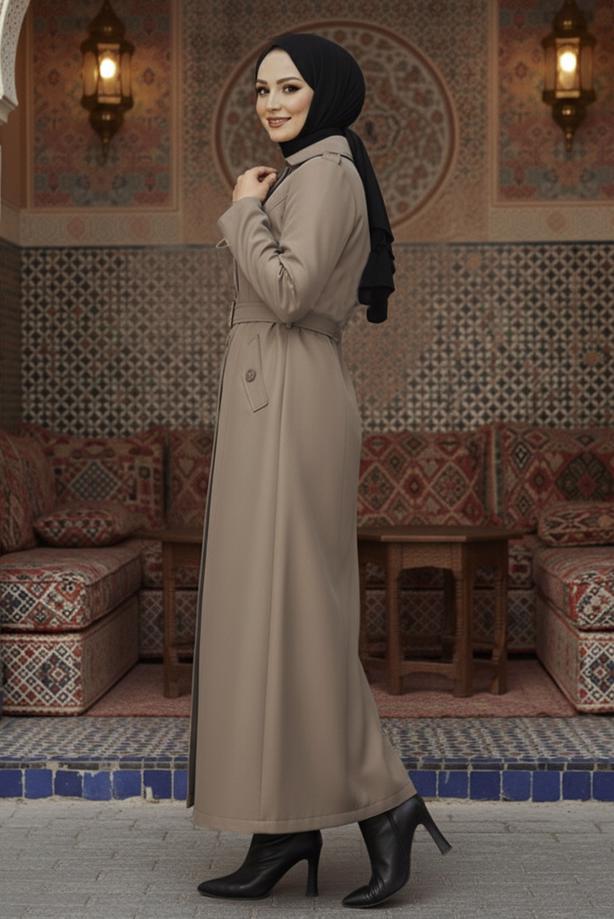 Tesettür giyim VİZON KUŞAKLI UZUN TRENÇKOT T 1094 - TRENDTESETTÜR
