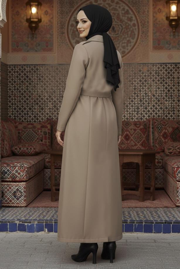 Tesettür giyim VİZON KUŞAKLI UZUN TRENÇKOT T 1094 - TRENDTESETTÜR