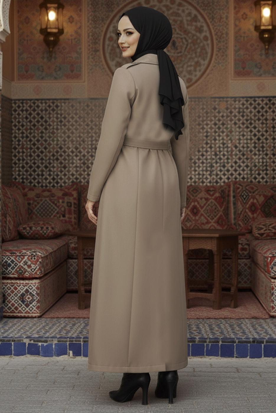 Tesettür giyim VİZON KUŞAKLI UZUN TRENÇKOT T 1094