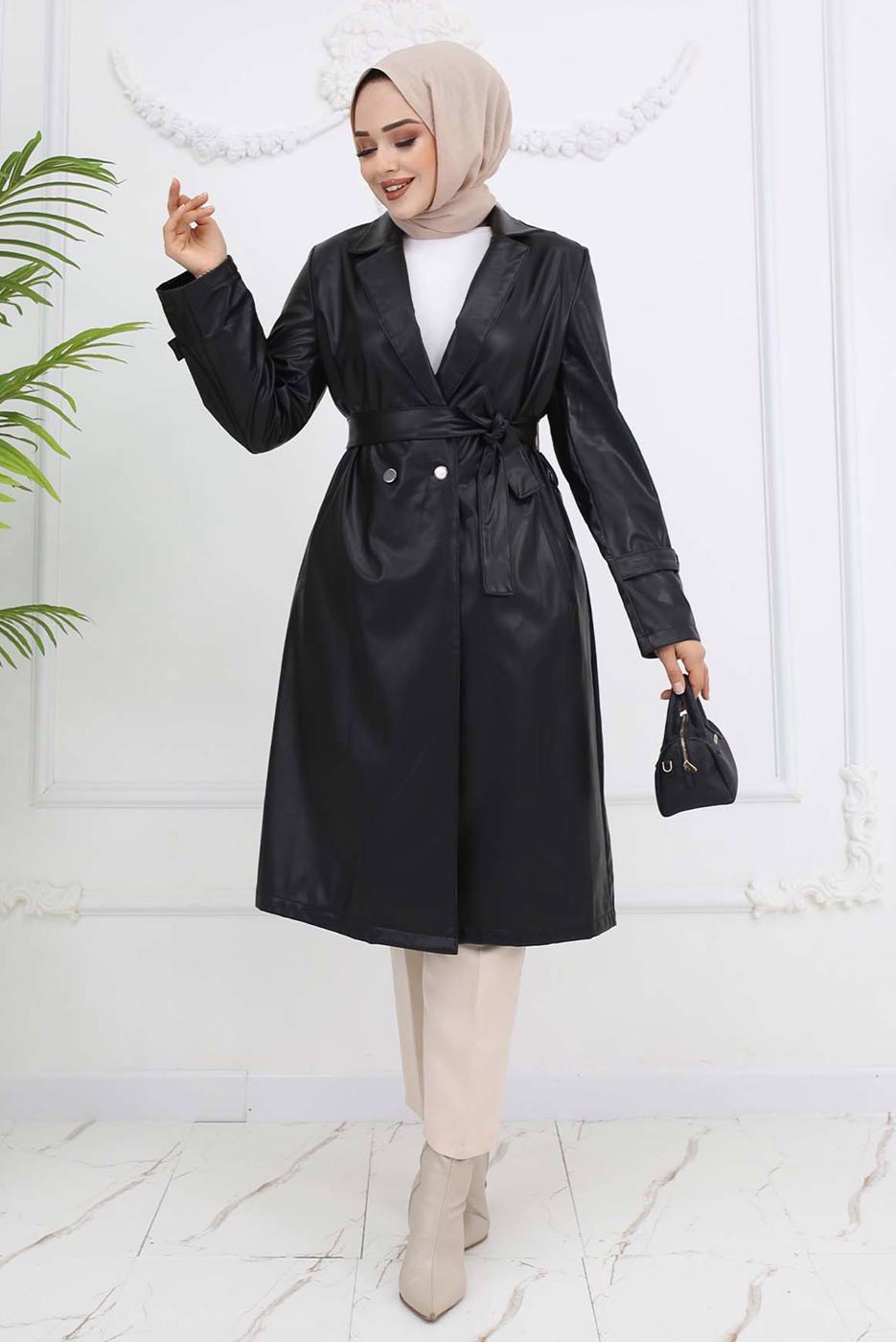 Vêtements hijab NOIR TRENCH-COAT CEINTURÉ EN SIMILICUIR T 3594