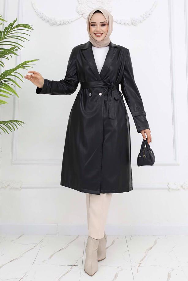 Vêtements hijab NOIR TRENCH-COAT CEINTURÉ EN SIMILICUIR T 3594 - TRENDTESETTÜR