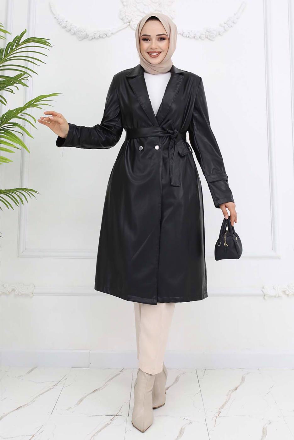 Vêtements hijab NOIR TRENCH-COAT CEINTURÉ EN SIMILICUIR T 3594