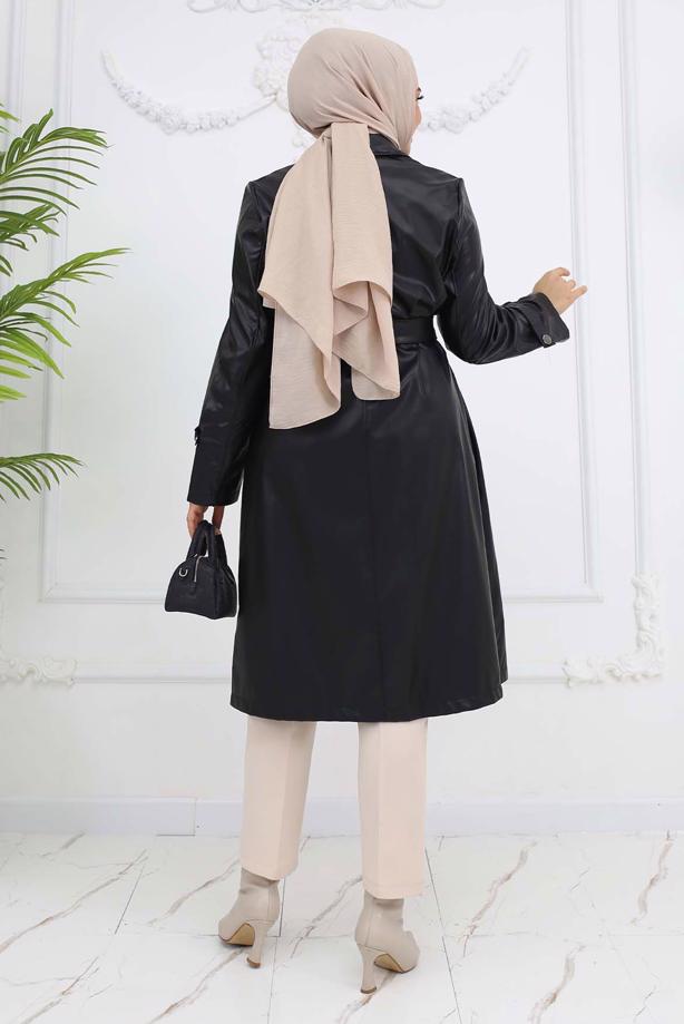 Vêtements hijab NOIR TRENCH-COAT CEINTURÉ EN SIMILICUIR T 3594 - TRENDTESETTÜR