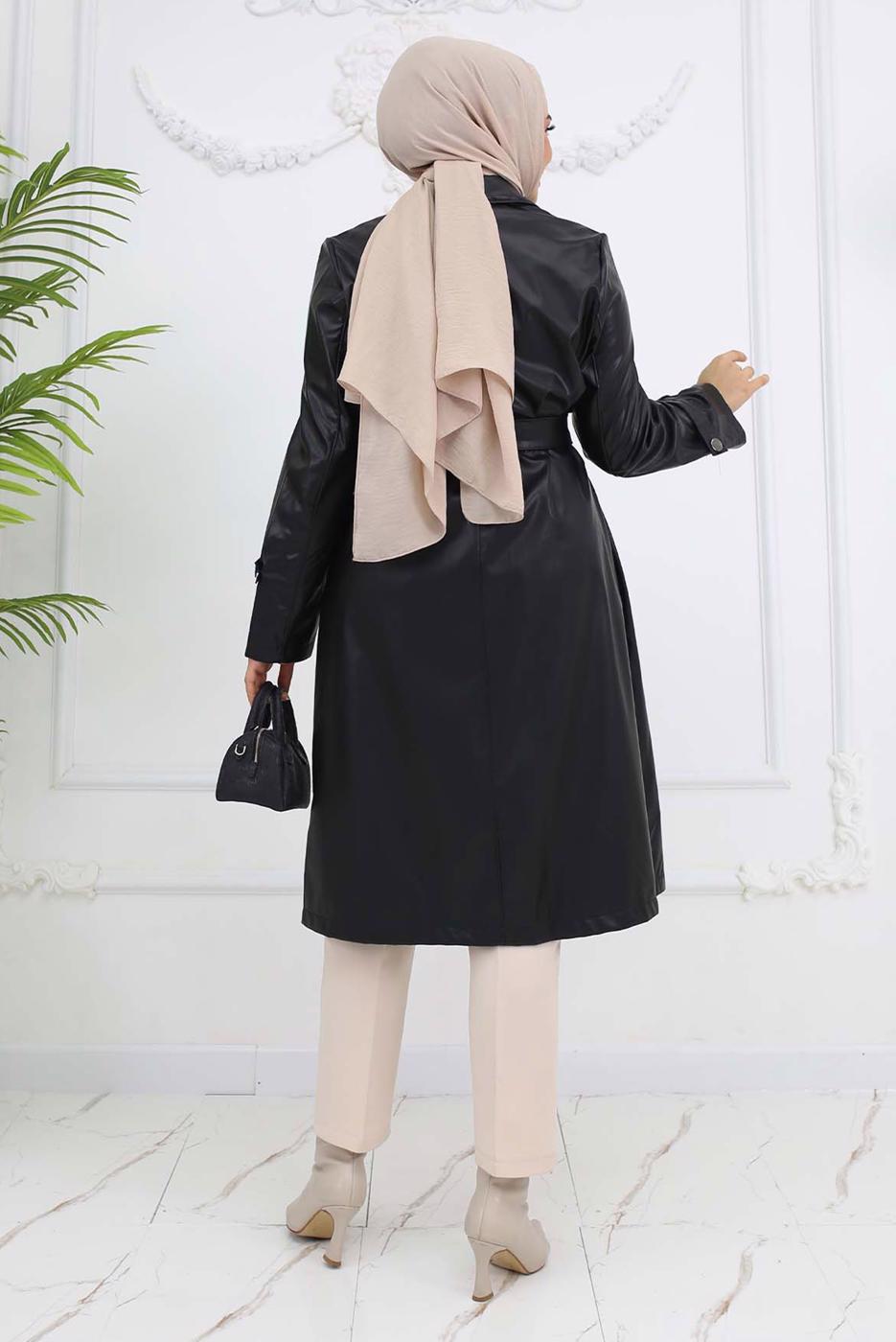 Vêtements hijab NOIR TRENCH-COAT CEINTURÉ EN SIMILICUIR T 3594