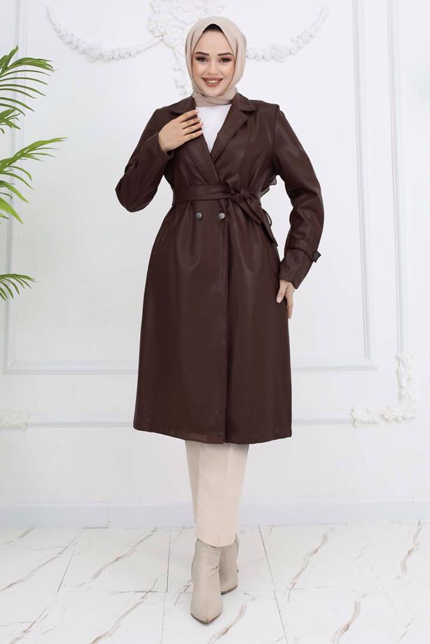 Vêtements hijab BRUN TRENCH-COAT CEINTURÉ EN SIMILICUIR T 3594 - TRENDTESETTÜR