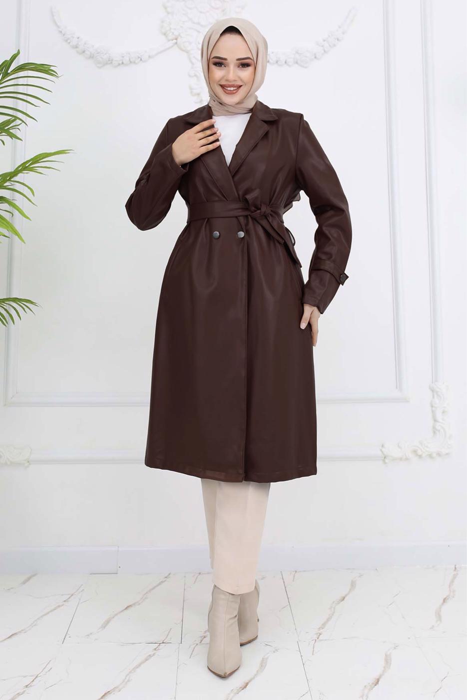 Vêtements hijab BRUN TRENCH-COAT CEINTURÉ EN SIMILICUIR T 3594