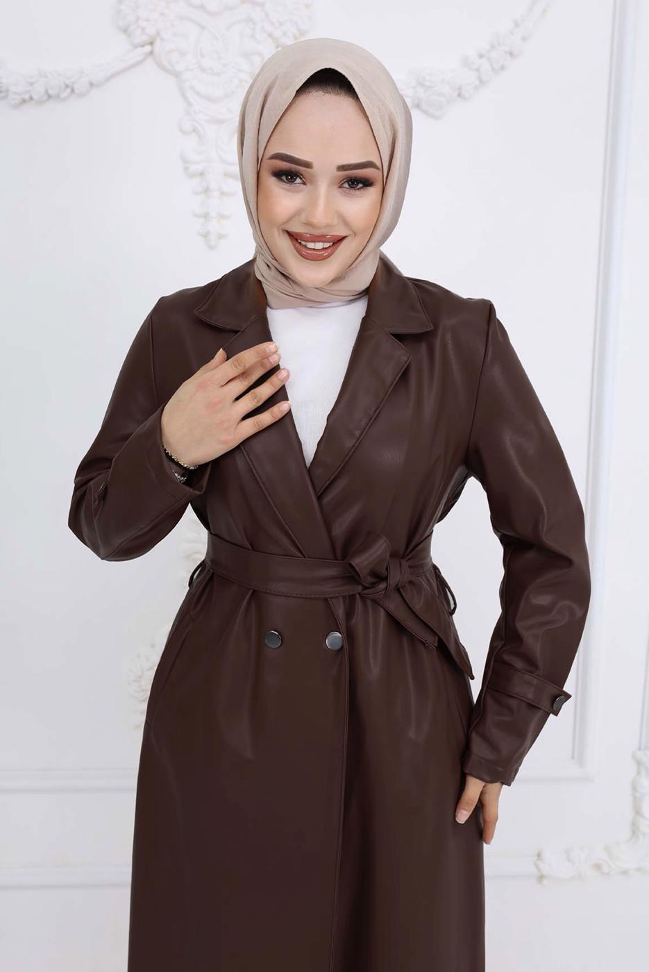 Vêtements hijab BRUN TRENCH-COAT CEINTURÉ EN SIMILICUIR T 3594