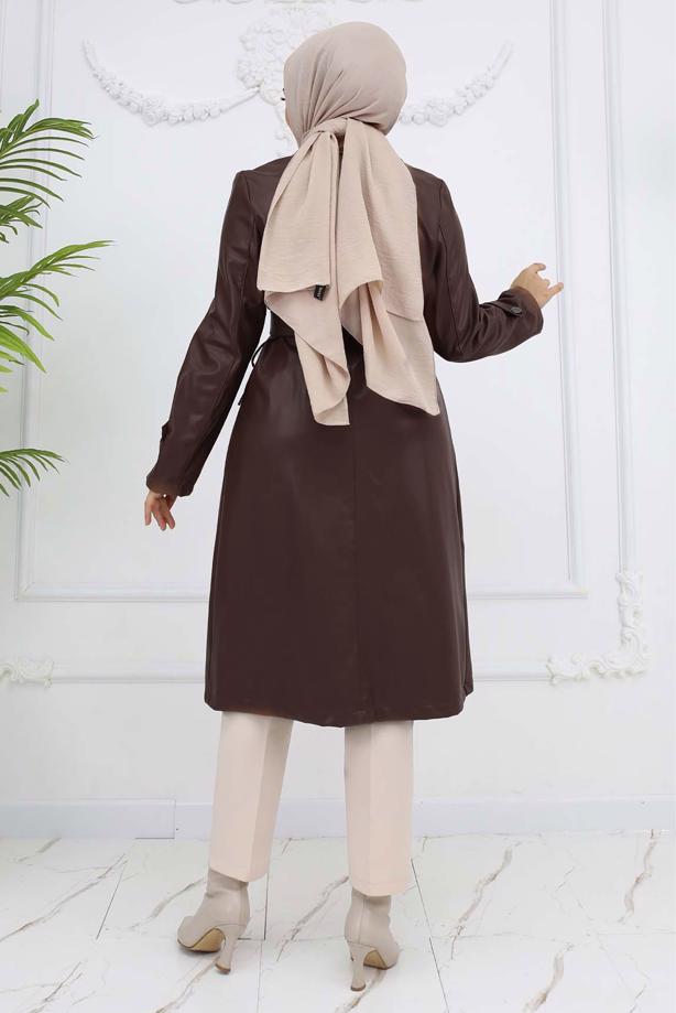 Vêtements hijab BRUN TRENCH-COAT CEINTURÉ EN SIMILICUIR T 3594 - TRENDTESETTÜR