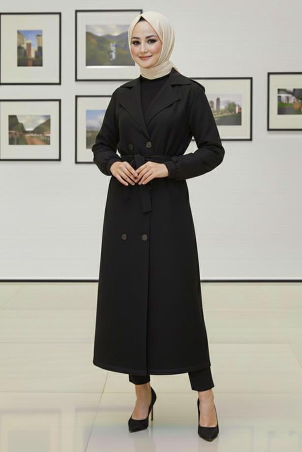 Hijab clothing BLACK T 4585 BN KUŞAKLI TRENÇKOT - TRENDTESETTÜR