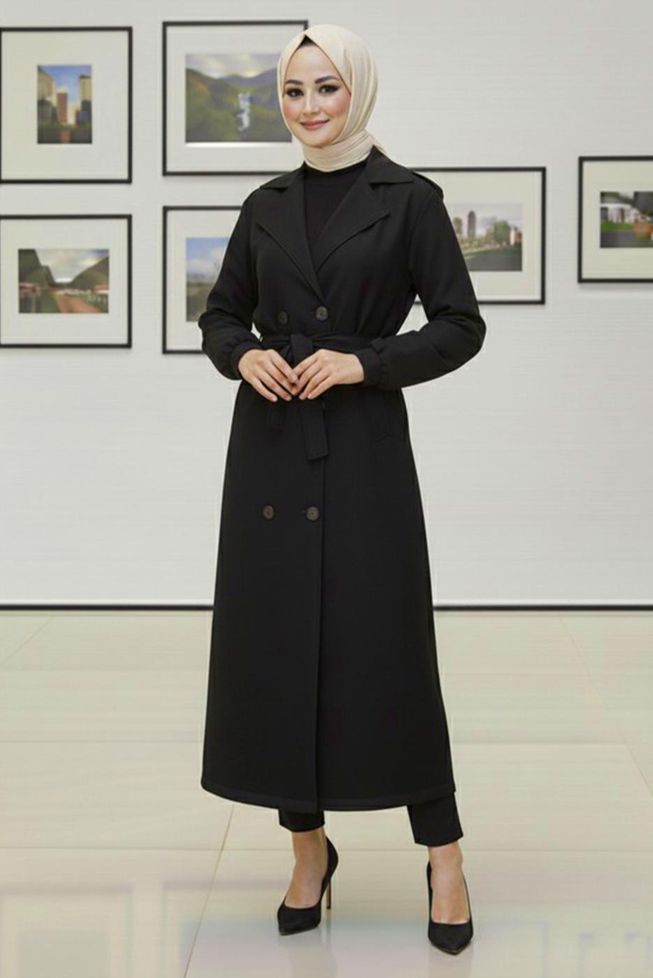 Tesettür giyim SİYAH KUŞAKLI TRENÇKOT T 4585