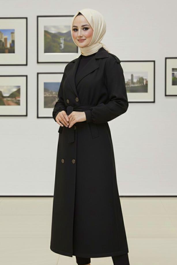 Hijab clothing BLACK T 4585 BN KUŞAKLI TRENÇKOT - TRENDTESETTÜR