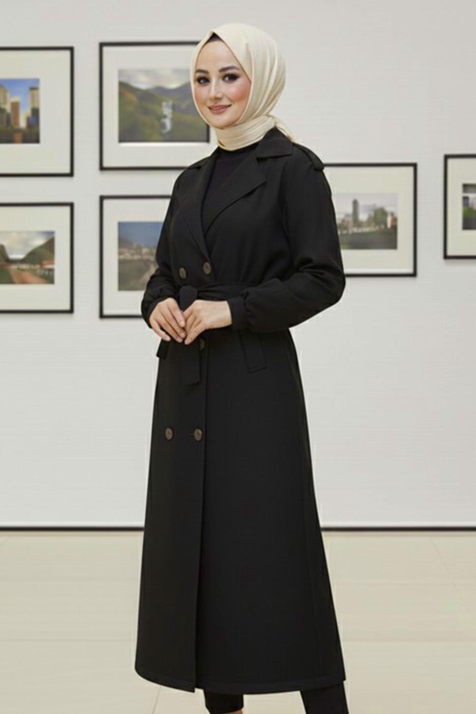 Tesettür giyim SİYAH KUŞAKLI TRENÇKOT T 4585