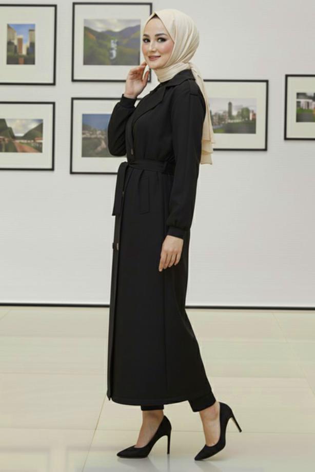 Hijab clothing BLACK T 4585 BN KUŞAKLI TRENÇKOT - TRENDTESETTÜR