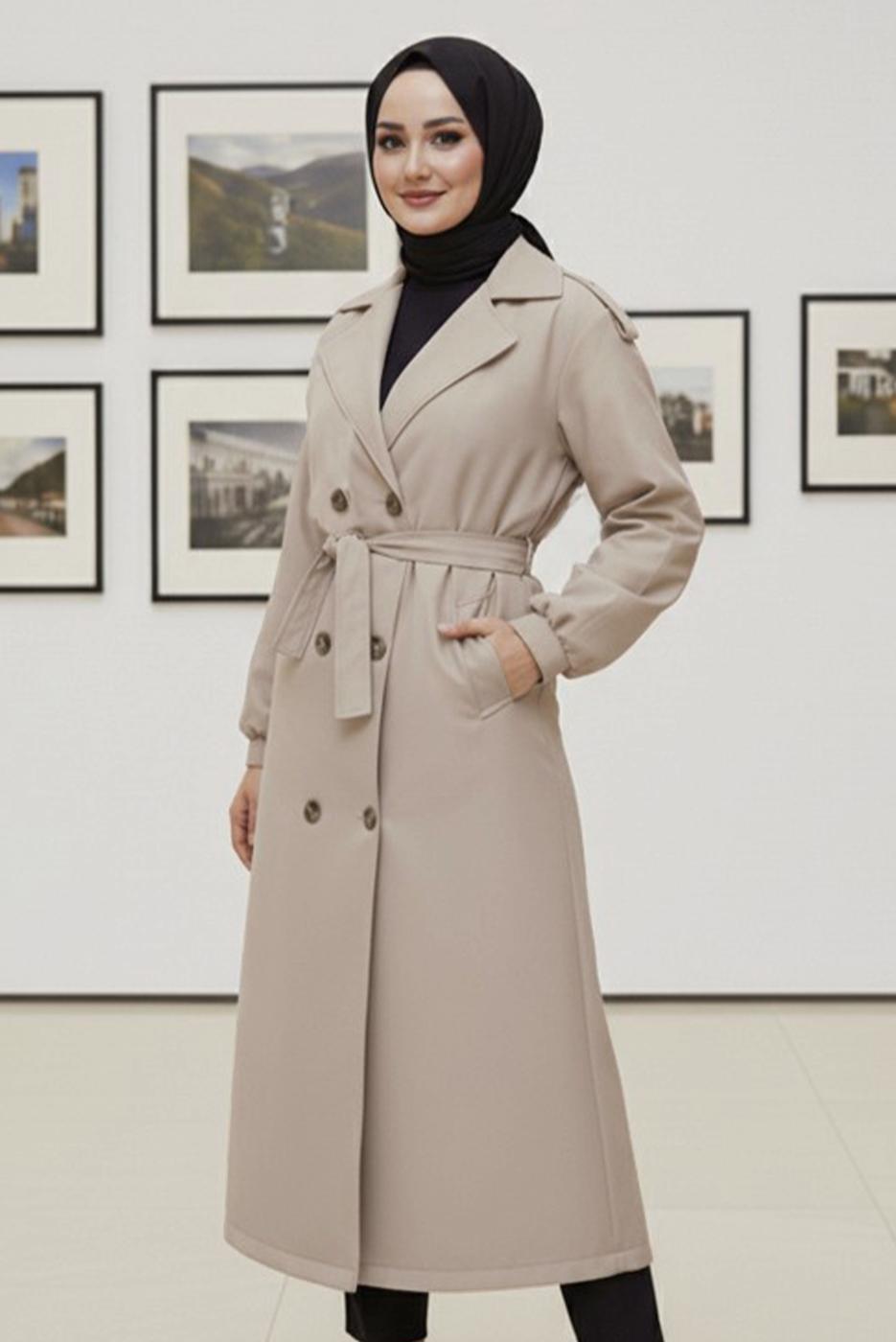 Tesettür giyim BEJ KUŞAKLI TRENÇKOT T 4585