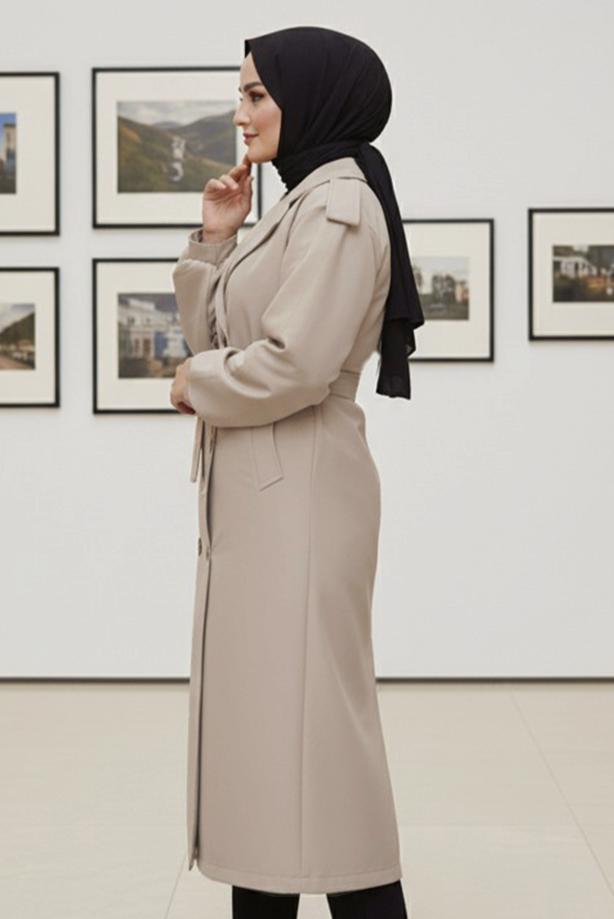 Hijab clothing BEIGE T 4585 BN KUŞAKLI TRENÇKOT - TRENDTESETTÜR