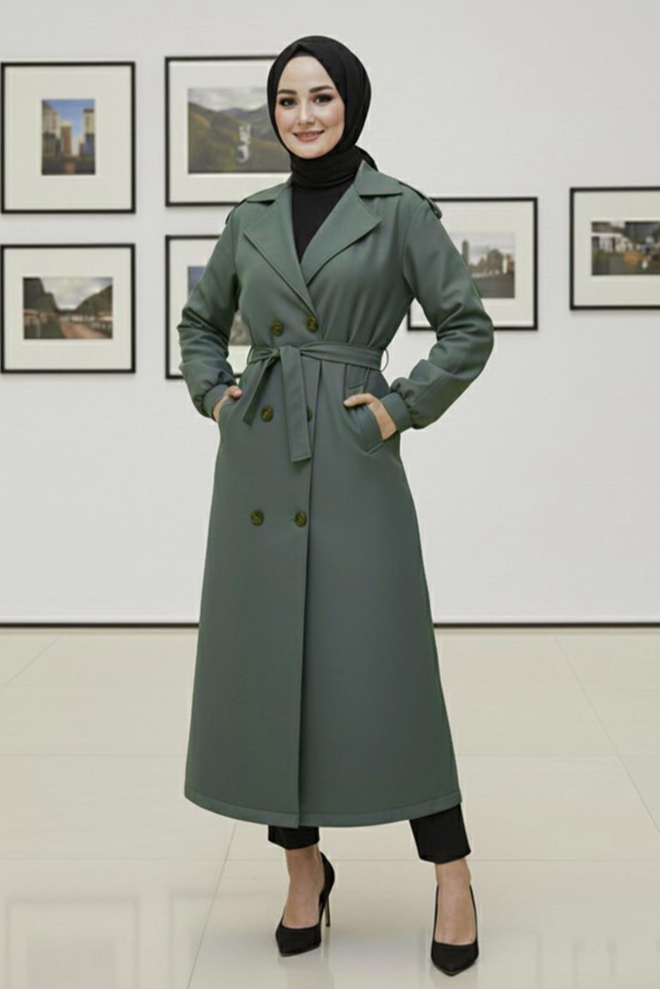 Tesettür giyim HAKİ KUŞAKLI TRENÇKOT T 4585