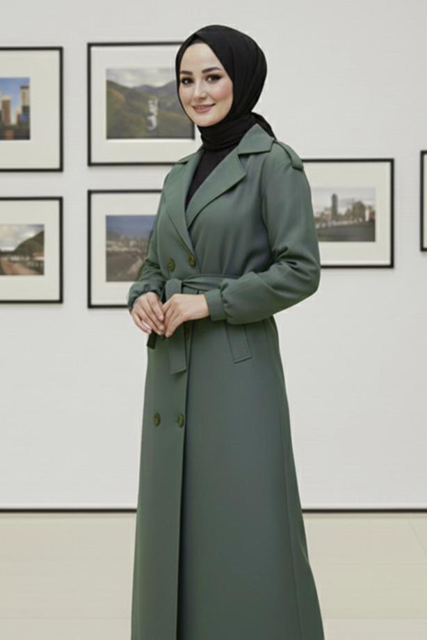 Hijab clothing KHAKI T 4585 BN KUŞAKLI TRENÇKOT - TRENDTESETTÜR