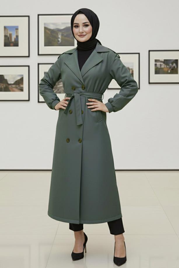 Hijab clothing KHAKI T 4585 BN KUŞAKLI TRENÇKOT - TRENDTESETTÜR