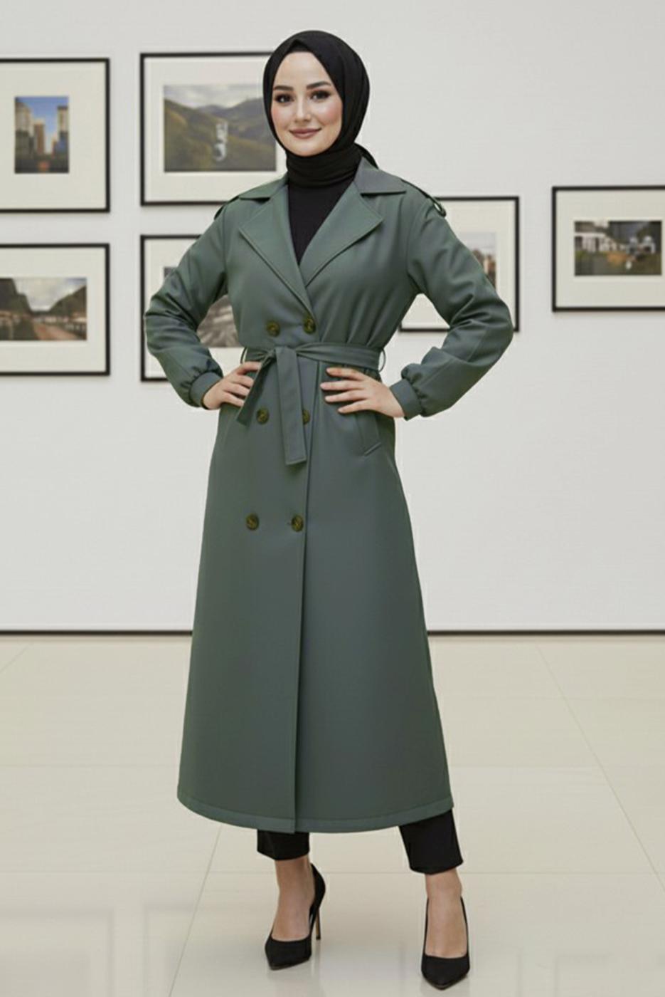 Tesettür giyim HAKİ KUŞAKLI TRENÇKOT T 4585